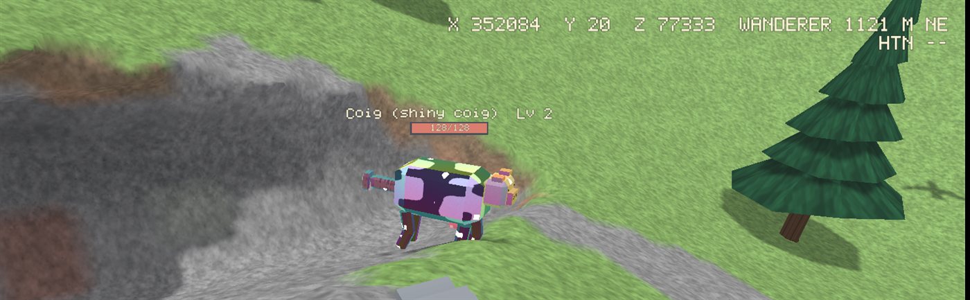 A shiny chimera in Hiili with a cow's body, a pig's head and a wolf's tail, its coat shimmering