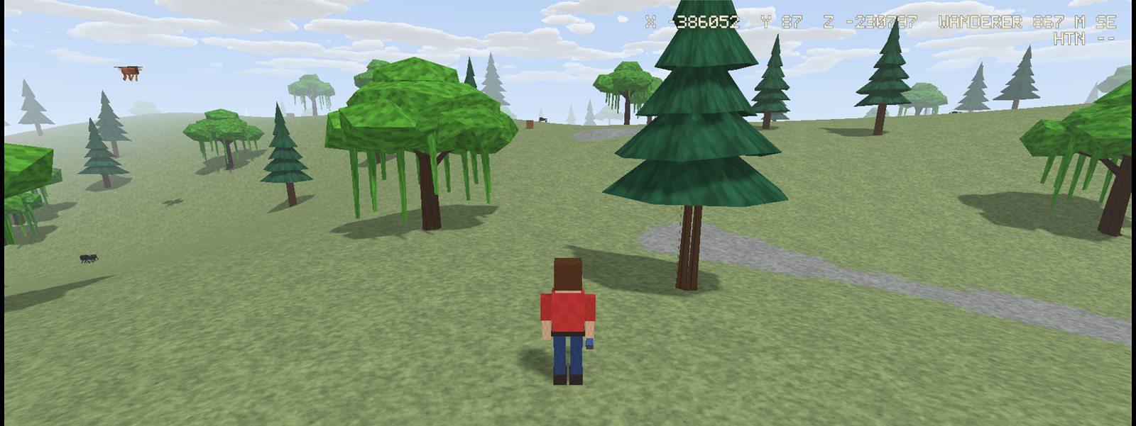 A player standing in rolling grassland dotted with autumn-coloured trees in Hiili