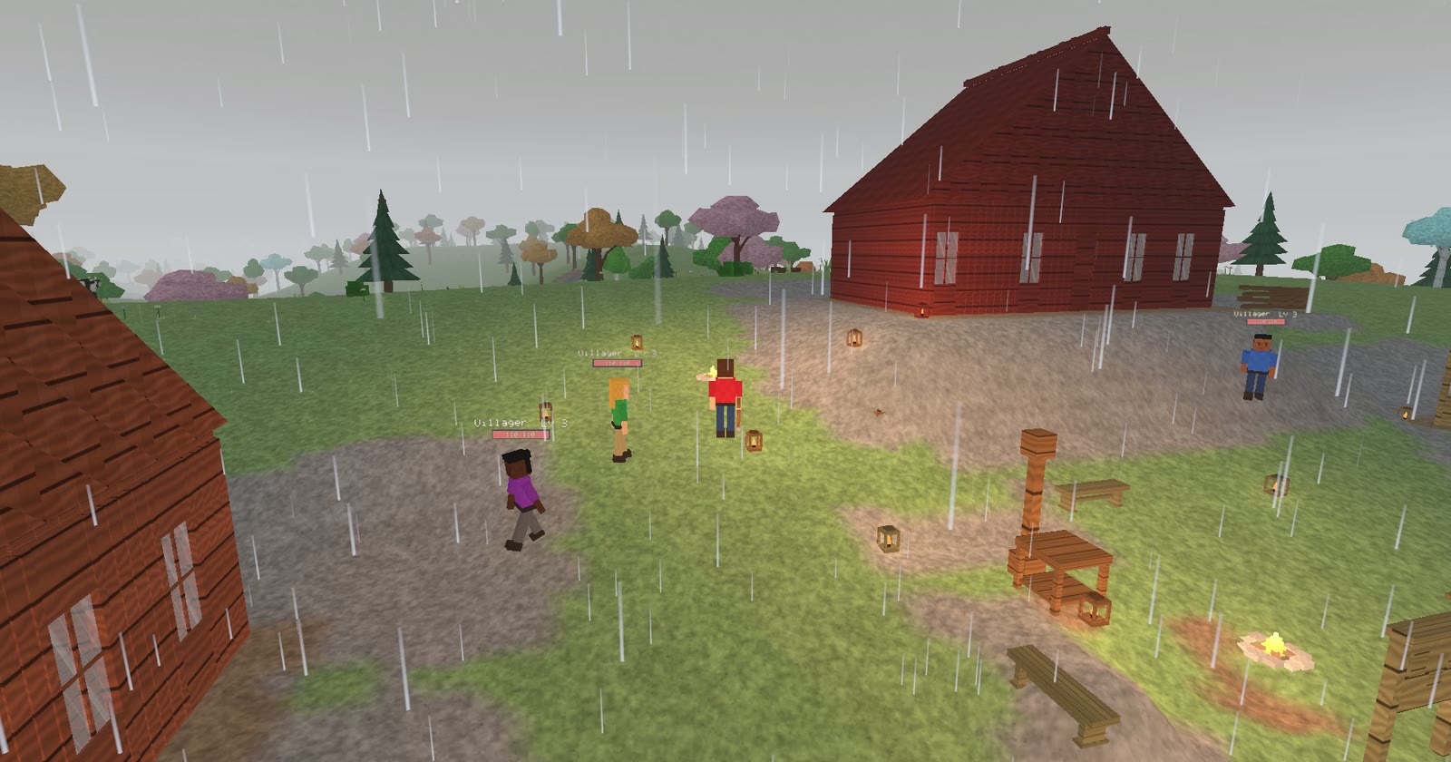 Rain falling over a Hiili village with villagers walking between the houses