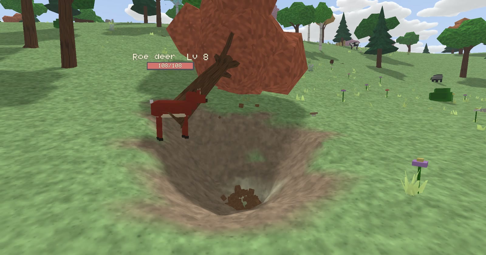 A tree toppling into a freshly dug pit in Hiili while a roe deer watches